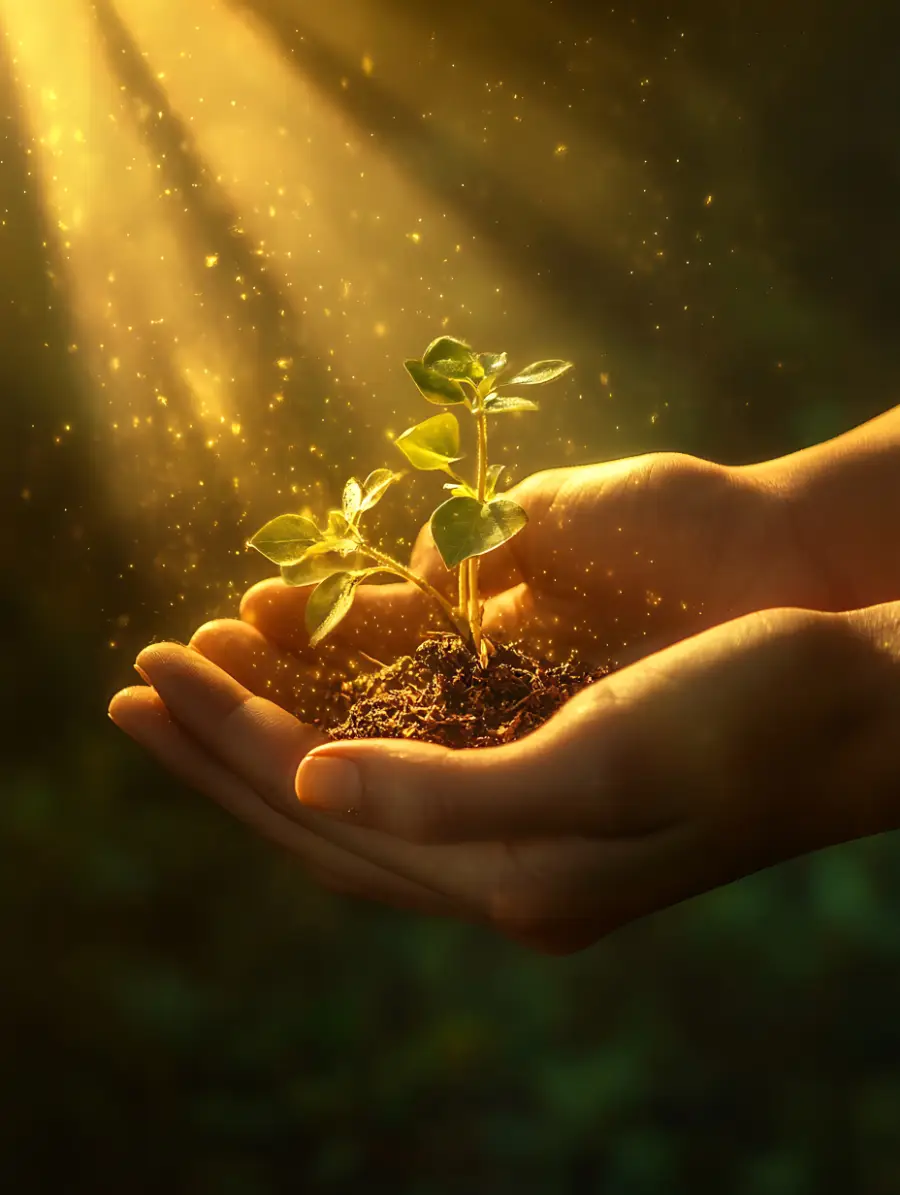 Nurturing Growth Hands Cradling Radiant Plant